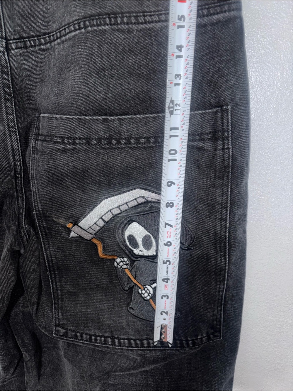 Black Washed Gloe Wide Leg Denim Jeans with White Embroidered Details - Picture 4 of 5